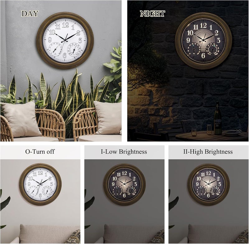 NESIFEE 18 Inch Outdoor Clocks Waterproof for Patio with Thermometer Hygrometer Combo Large Clocks with Smart Sensor Lighted Metal Wall Clocks Battery Operated for Pool Garden Indoor Decorative - Image 4